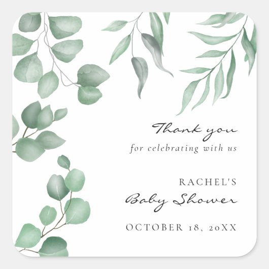 Sticker Carré Elégant Baby shower Eucalyptus Verdure Foliage (Devant)