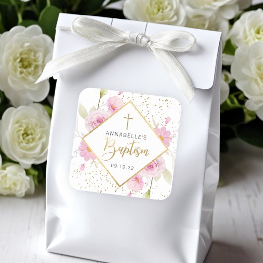 Sticker Carré Élégant baptême floral