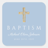 Sticker Carré Elégant Bébé Bleu Religieux Croix Garçon Baptême (Devant)