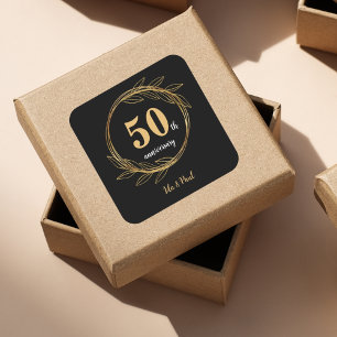 Sticker Carré Elégant Black Gold Leaf 50e anniversaire Mariage
