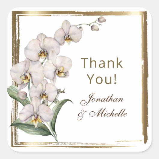 Sticker Carré Elégant blanc Orchidées Gold Frame Merci Mariage (Devant)
