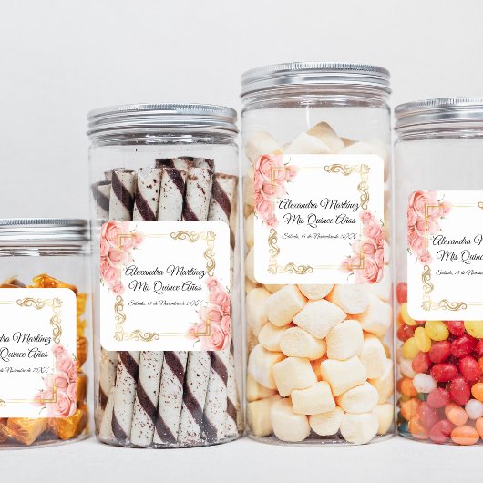 Sticker Carré Elégant blanc simple rose rose or Quinceañera