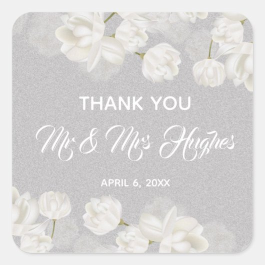 Sticker Carré Elégant blanc Tulip Mariage merci (Devant)