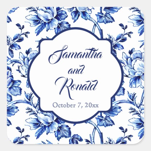 Sticker Carré Elégant bleu blanc Mariage en toile florale (Devant)