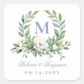 Sticker Carré Élégant Bleu Script Floral Crest Monogramme Mariag (Devant)