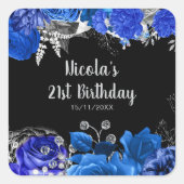 Sticker Carré Elegant Blue and Silver Flowers Birthday Party (Devant)