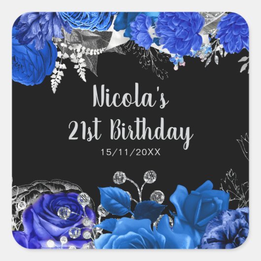 Sticker Carré Elegant Blue and Silver Flowers Birthday Party (Devant)