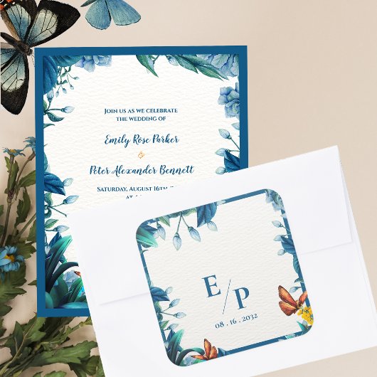 Sticker Carré Elegant Blue Botanical Butterfly Monogram Wedding