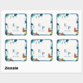 Sticker Carré Elegant Blue Botanical Butterfly Monogram Wedding (Feuille)