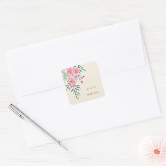 Sticker Carré Elégant Boho Blush Rose Aquarelle Mariage Floral (Enveloppe)