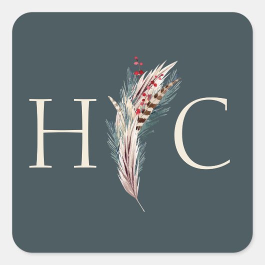 Sticker Carré Elégant Boho Rustique Pampas & Pine Vert Tan Rouge (Devant)