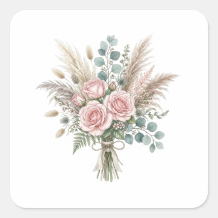 Sticker Carré Élégant Bouquet Floral Boho Rose Rose Blush Mariag