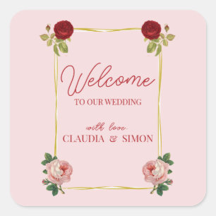 Sticker Carré Elégant Cadre Or Avec Roses Bienvenue Au Mariage