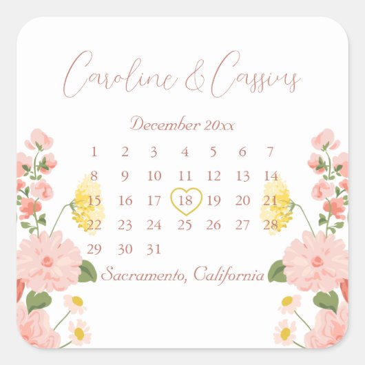 Sticker Carré Élégant calendrier Mariage de fleurs blanches rose (Devant)