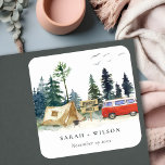 Sticker Carré Élégant Camping Aquarelle Pine Mariage<br><div class="desc">Elégant Camping Watercolor Pine Forest Collection de thèmes.- c'est un script élégant aquarelle Illustration de pins forestiers avec camper van, tente et panneau de camping, parfait pour vos mariages et fêtes du camp. Il est très facile de customiser, avec vos données personnelles. Si vous avez besoin d'un autre produit correspondant...</div>