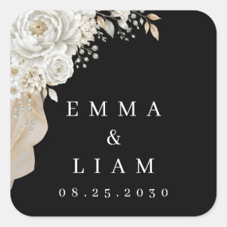 Sticker Carré Élégant carré de mariage Rose Blanche Or Noir