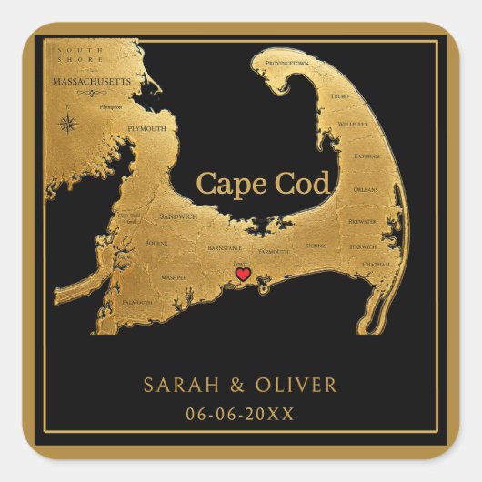 Sticker Carré Élégant Carte de Cape Cod Mariage (Devant)