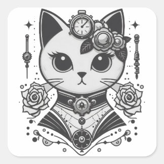 Sticker Carré Élégant chat victorien Steampunk