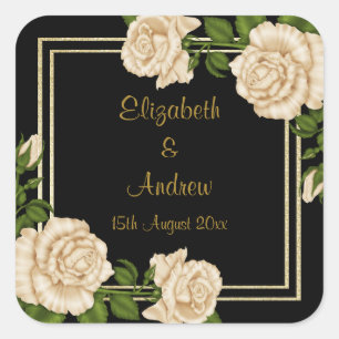 Sticker Carré Élégant Chic Coin Bouquets Roses Ivory Mariage