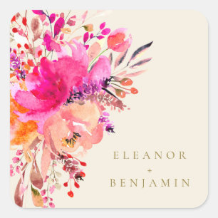 Sticker Carré Elégant Chic Rose Aquarelle Florale Mariage Crème