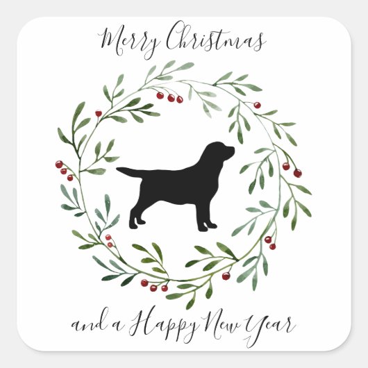 Sticker Carré Élégant chien Joyeux Noël Wreath Black Labrador (Devant)