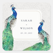 Sticker Carré Elégant Classy Ornate Aquarelle Peacock Mariage (Devant)
