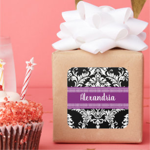 Sticker Carré Élégant Damas noir et blanc avec accents violets