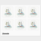Sticker Carré Elégant Dusky Turquoise Sailboat Palm Mariage mari (Feuille)