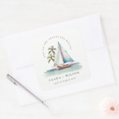 Sticker Carré Elégant Dusky Turquoise Sailboat Palm Mariage mari (Enveloppe)