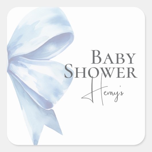 Sticker Carré Elégant Dusty Blue Bow Aquarelle Baby shower Garço (Devant)