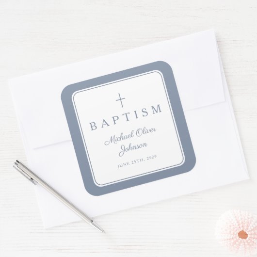 Sticker Carré Elegant Dusty Blue Cross Boy Baptism  (Enveloppe)