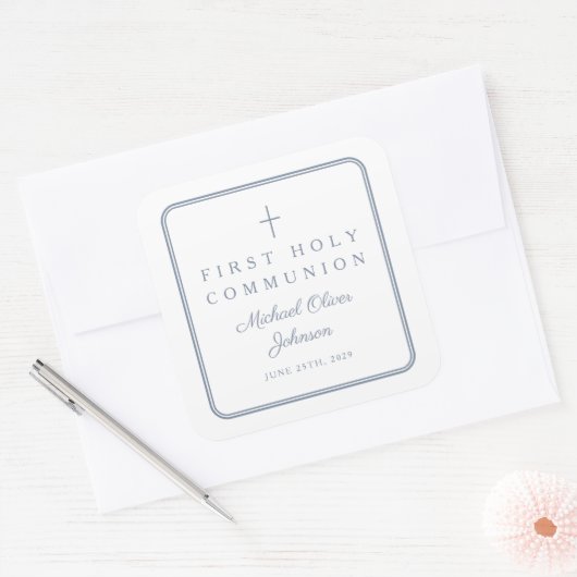 Sticker Carré Elegant Dusty Blue Cross Boy First Communion  (Enveloppe)