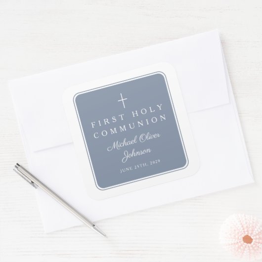 Sticker Carré Elegant Dusty Blue Cross Boy First Communion  (Enveloppe)
