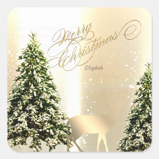 Sticker Carré Élégant, Élégant Pin Trees, Reindeer de Noël (Devant)