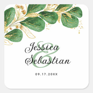 Sticker Carré Élégant Emerald Green et Gold Eucalyptus Mariage