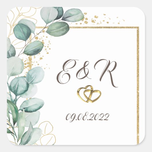Sticker Carré Elégant Eucalyptus Verdure Gold Frame Mariage (Devant)