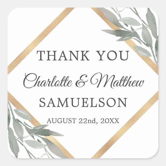 Sticker Carré Élégant Feuille Botanique Mariage or MERCI (Devant)