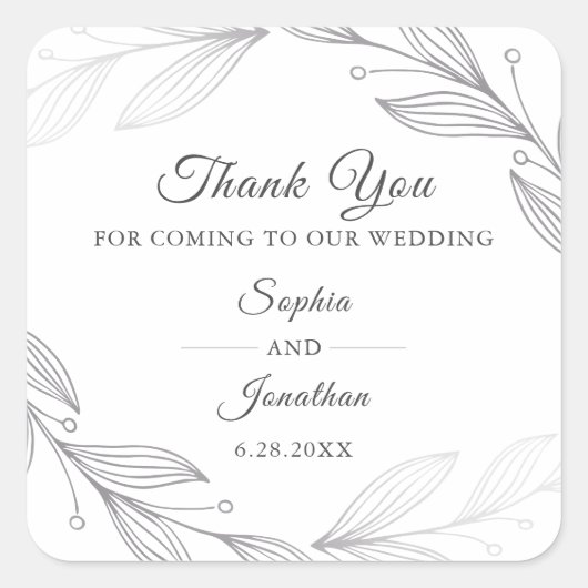 Sticker Carré Élégant Feuille Mariage en argent Merci (Devant)