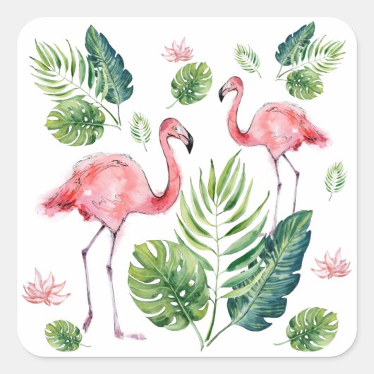 Sticker Carré Élégant Flamant rose rose Feuille tropical Mo (Devant)