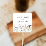 Sticker Carré Élégant Fleur sauvage Meadow Mariage<br><div class="desc">Élégants autocollants de mariage floral avec une bordure inférieure de fleurs sauvages d'aquarelle et feuillage dans les tons rose, jaune, violet, bleu et vert sur un arrière - plan blanc. Personnalisez les autocollants de mariage fleurs sauvages avec vos noms ou texte personnalisé. Les autocollants de mariage fleurs sauvages personnalisés sont...</div>