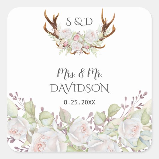 Sticker Carré Elégant Fleurs blanches Antlers Monogram Mariage (Devant)