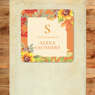 Sticker Carré Élégant floral monogrammé aquarelle automne