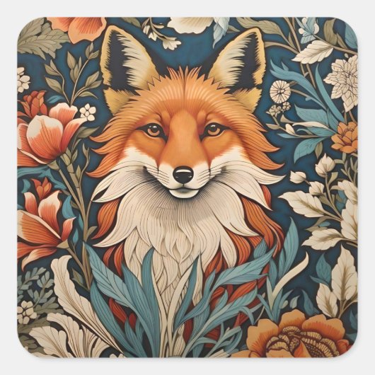 Sticker Carré Elégant Fox William Morris Inspiré Floral (Devant)