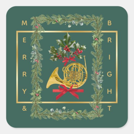 Sticker Carré Elegant French Horn Christmas Dark Green (Devant)