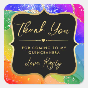 Sticker Carré Elégant Glitter Agate Arc-en-Ciel et Quinceanera e