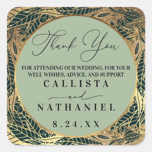 Sticker Carré Elégant Gold Sage Vert verdure Feuille Mariage (Devant)