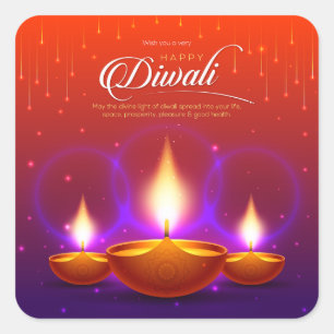 Sticker Carré Elégant Happy Diwali Gold Diya Festival de lumière