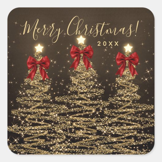 Sticker Carré Elegant Holiday Gold Red Christmas Trees w/ Bows (Devant)