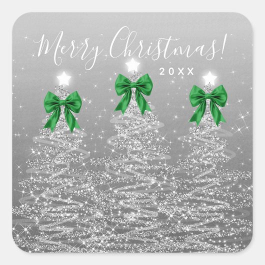 Sticker Carré Elegant Holiday Silver Christmas Trees Green Bows (Devant)