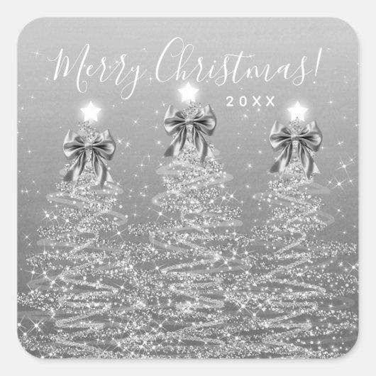 Sticker Carré Elegant Holiday Silver Christmas Trees w/ Bows (Devant)